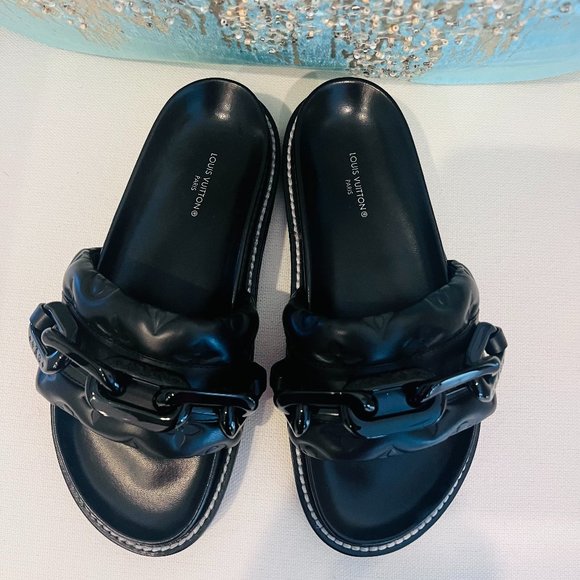 Louis Vuitton Shoes - Louis Vuitton Embossed Monogram Sunset Flat Comfort Mule  - Size 37 Black